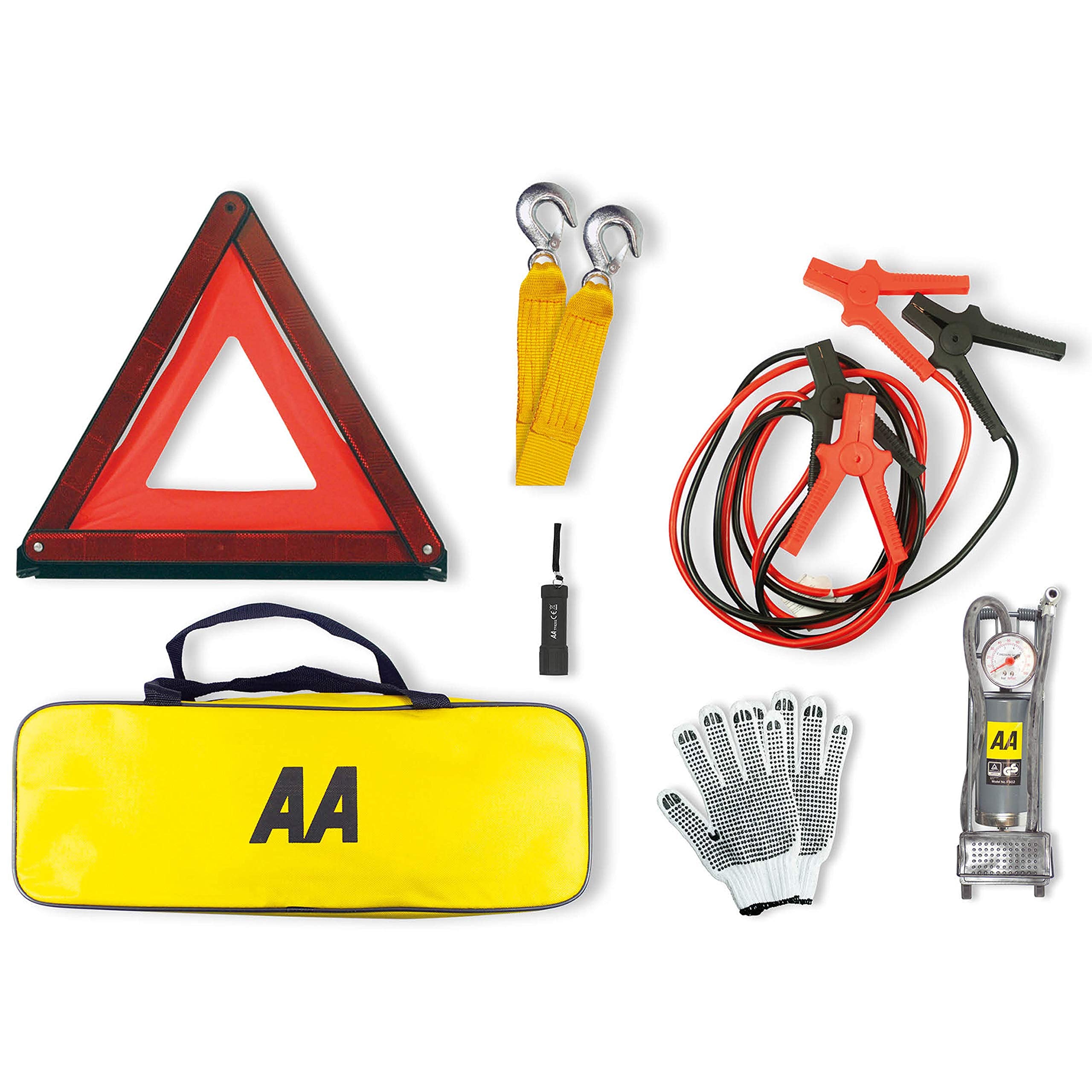 AA Vehicle Breakdown Safety Kit Plus AA5618 – Tyre Inflator, Warning Triangle, Tow Rope, Hi-Vis Vest, Torch, Glass Hammer, Booster Cables, Storage Bag