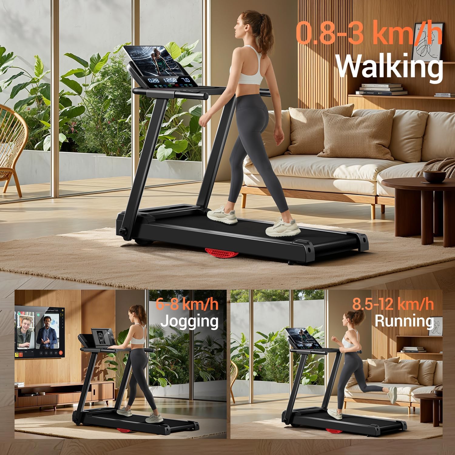 Treadmills for Home, 3.0HP Quiet Brushless Folding Treadmill with Heart Rate Sensor, Dual Cushion System, 300lbs Weight Capacity, Holder for Cup & Phone