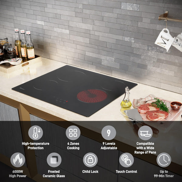 GIONIEN Ceramic Hob 60cm Electric Cooktop Burner, Built in Black Glass Cooker with 4 Cooking Zones GCE460TC