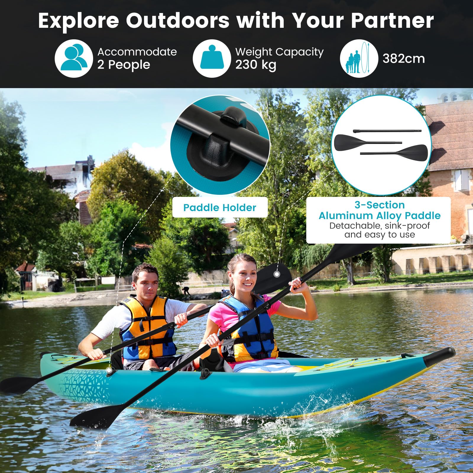 GYMAX Inflatable Kayak Set, 2-Person Inflatable Boat with Aluminum Oars, EVA Padded Seat, Fins, Hand Pump, Repair Kit and Carry Bag, Blow Up Canoe for Lakes, Rivers & Sea Shores