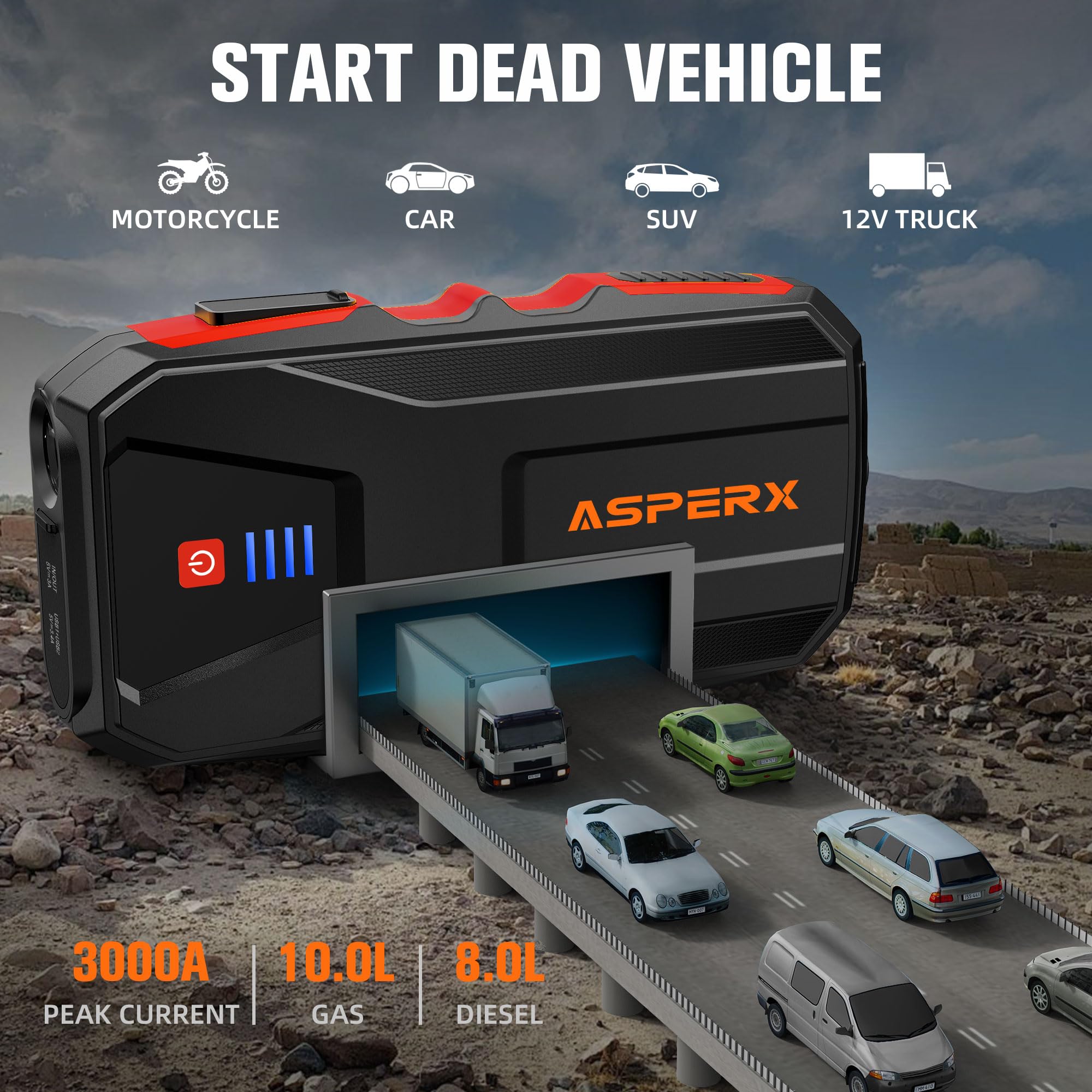 ASPERX Jump Starter Power Pack(Up to 10L Gas/8L Diesel), 3000A Car Battery Booster Jump Starter with LED Flashlight, Jump Leads and LCD Display, Jump Pack for 12V Vehicles, Pickup, SUV, Motorcycle
