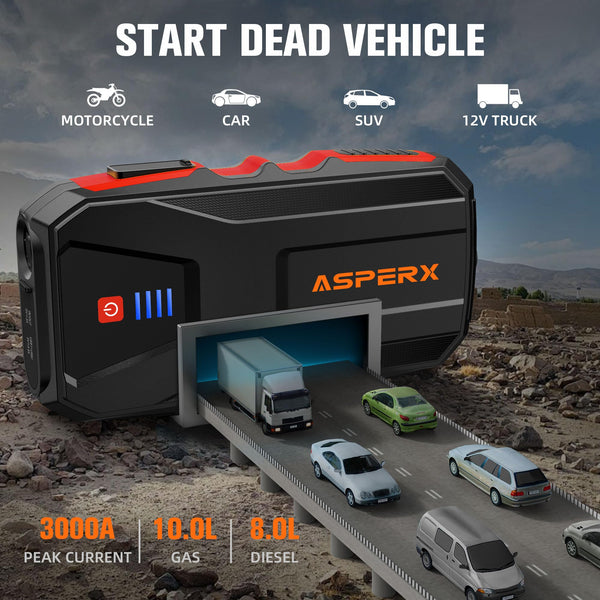 ASPERX Jump Starter Power Pack(Up to 10L Gas/8L Diesel), 3000A Car Battery Booster Jump Starter with LED Flashlight, Jump Leads and LCD Display, Jump Pack for 12V Vehicles, Pickup, SUV, Motorcycle