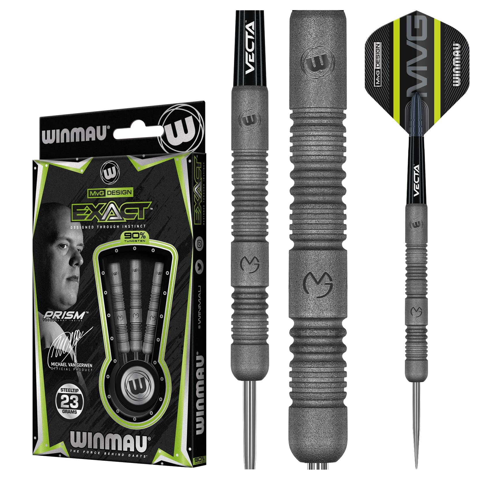 WINMAU Darts Set - Michael Van Gerwen MvG Exact Steeltip Darts - Includes Darts Flights & Stems, Available in 21.5g, 23g, 24g & 25g, Professional 90%