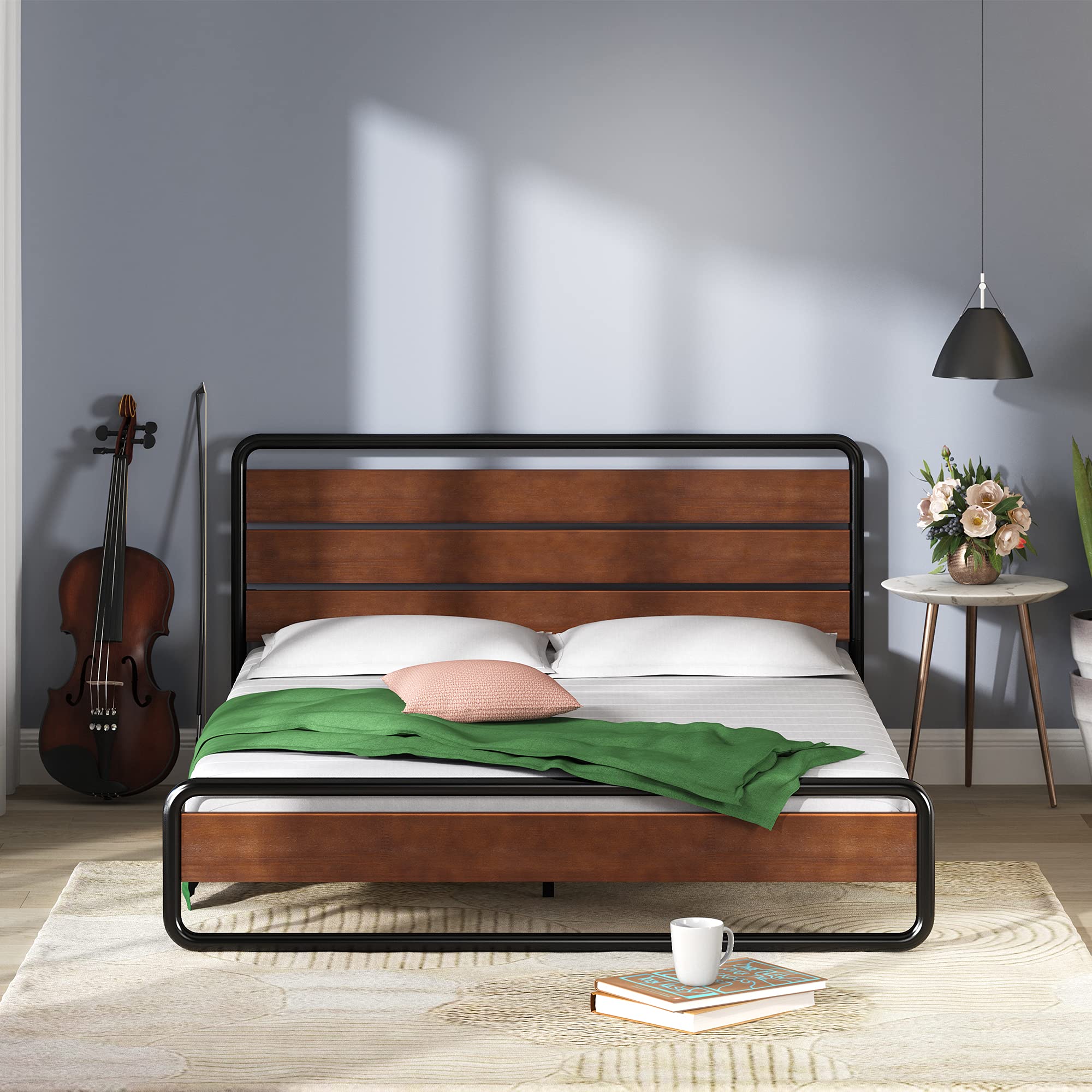 Zinus Therese Single Bed frame - Bed 90x190 cm - 20 cm Height - Metal and Wood Platform bed frame with wood slat support - Brown