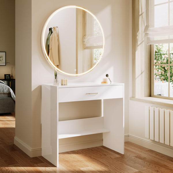 ELEGANT Dressing Table with Mirror and Adjustable LED Brightness, Large Capacity Makeup Table with Partition Storage, Vanity Table for Living Room,