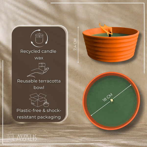 Lavalis - Large XXL Candle with Terracotta Bowl - Burn Time of 15 Hours - Garden Candle for BBQ, Wedding and Party - 18 cm Flame Height