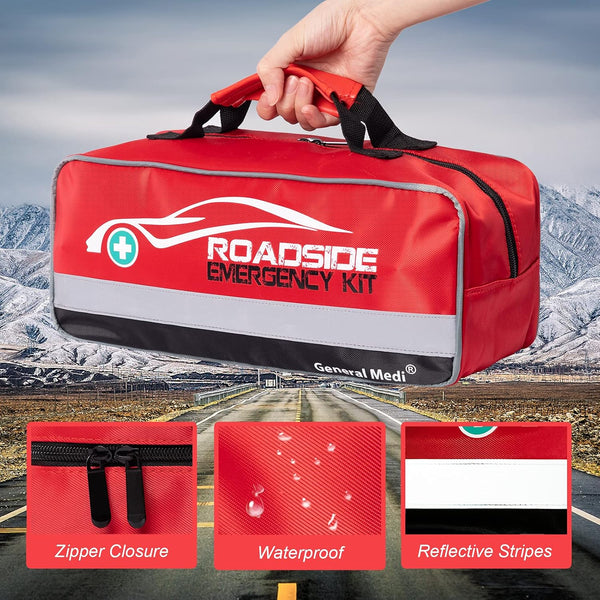 General Medi 127-Pieces Roadside Car Emergency Kit Include Mini First Aid Kit, Jumper Cables,Tow Rope, Bandage, Safety Vest, Emergency Triangle, All in One Pack