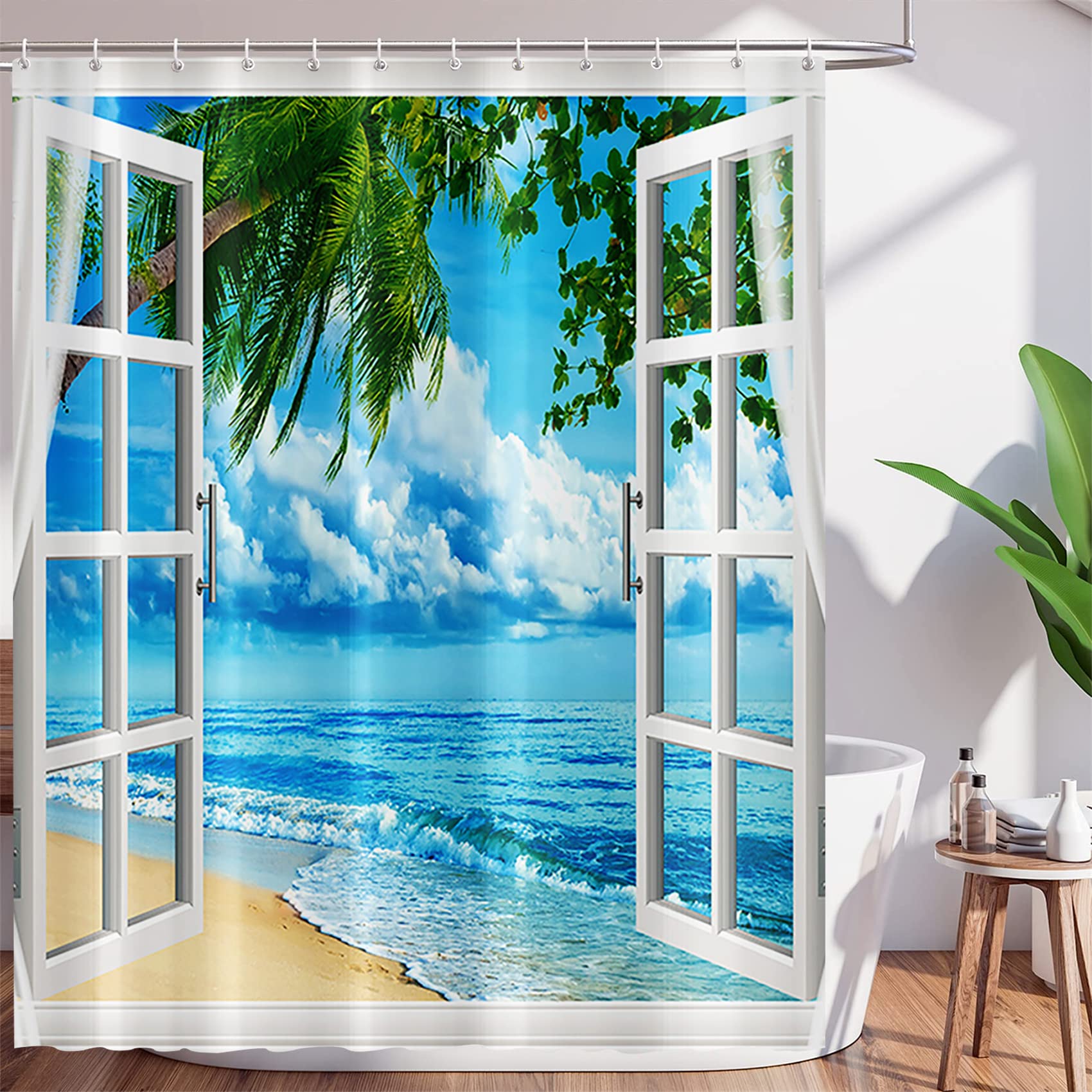 Tropical Beach Shower Curtain Summer Seaside Scenery Hawaiian Palm Tree Ocean Island Bath Curtains White Wooden Window Polyester Waterproof Bathroom