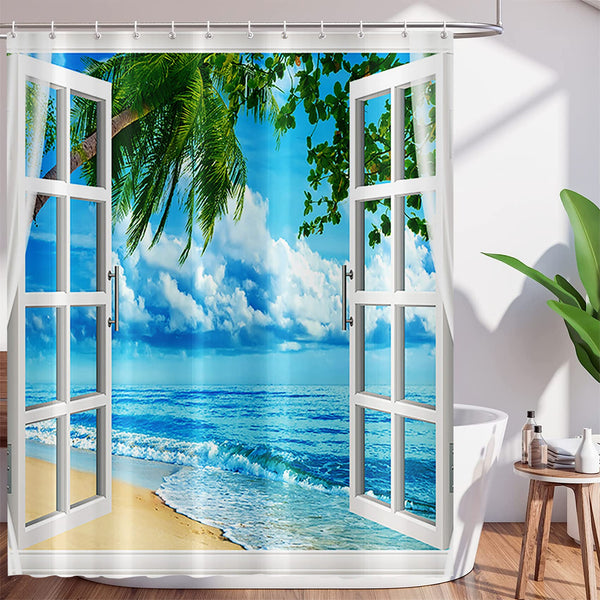 Tropical Beach Shower Curtain Summer Seaside Scenery Hawaiian Palm Tree Ocean Island Bath Curtains White Wooden Window Polyester Waterproof Bathroom