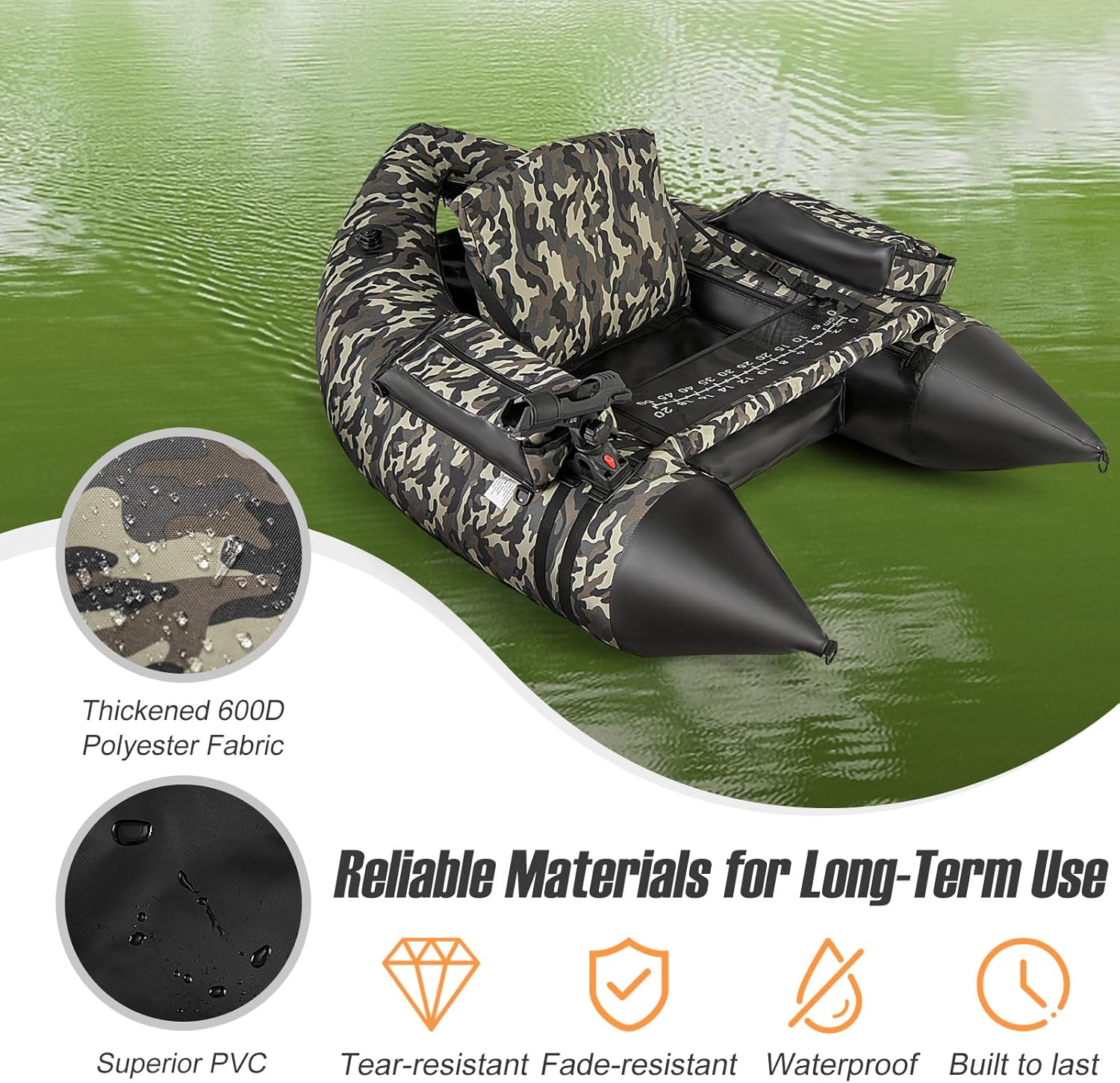 COSTWAY Inflatable Fishing Float Tube, Fishing Boat with Pump, Adjustable Shoulder Straps, Paddle, 2 Pockets, Fish Ruler, Rod Holder & Flippers, 150kg Load Capacity Adult Belly Boat, 150 x 110 x 50cm