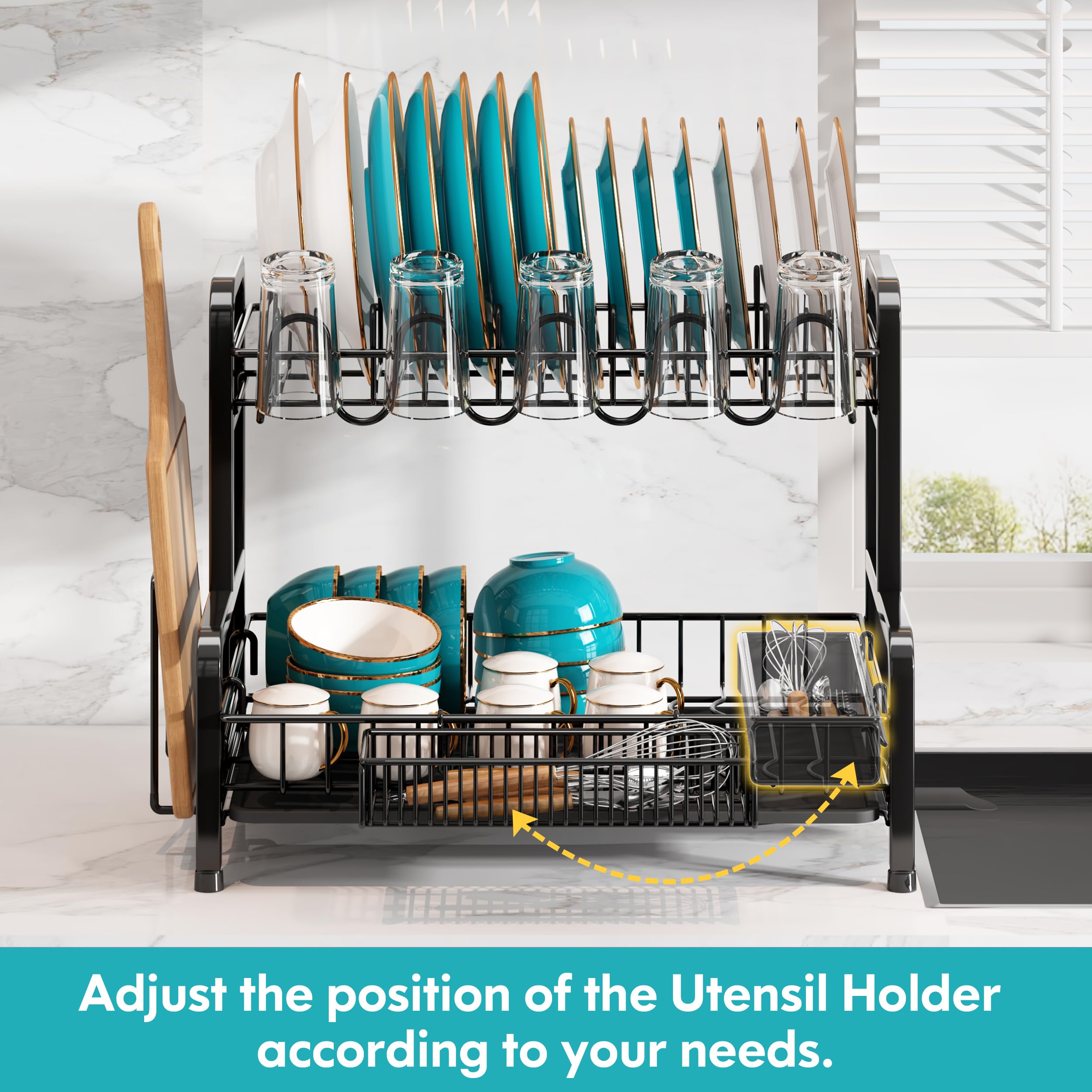 romision Dish Drainer Rack, Stainless Steel Dish Drainer for Kitchen Counter, Black Dish Rack with Drip Tray, Multifunctional Draining Board Rack with