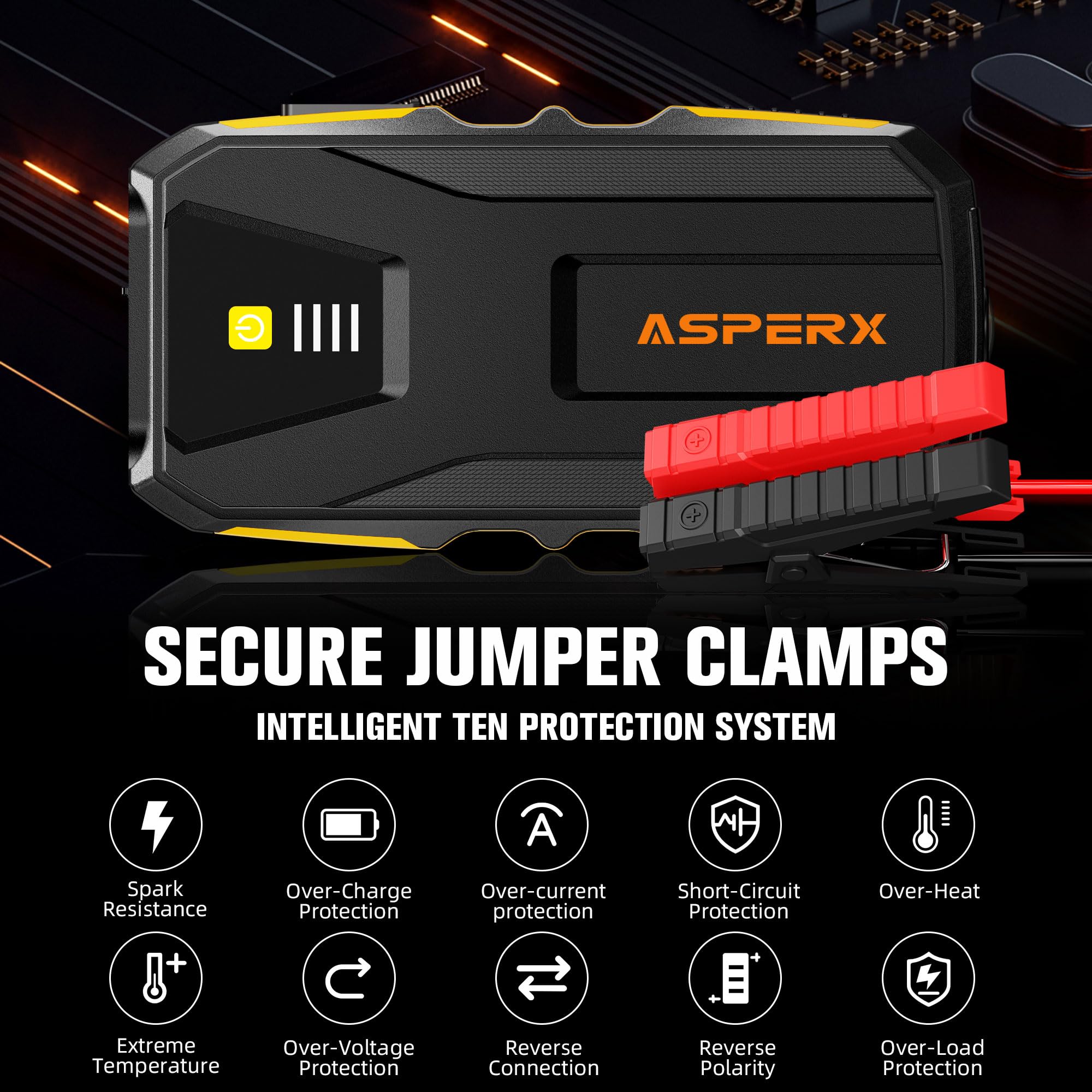 ASPERX Jump Starter Power Pack(Up to 10L Gas/8L Diesel), 3000A Car Battery Booster Jump Starter with LED Flashlight, Jump Leads and LCD Display, Jump Pack for 12V Vehicles, Pickup, SUV, Motorcycle
