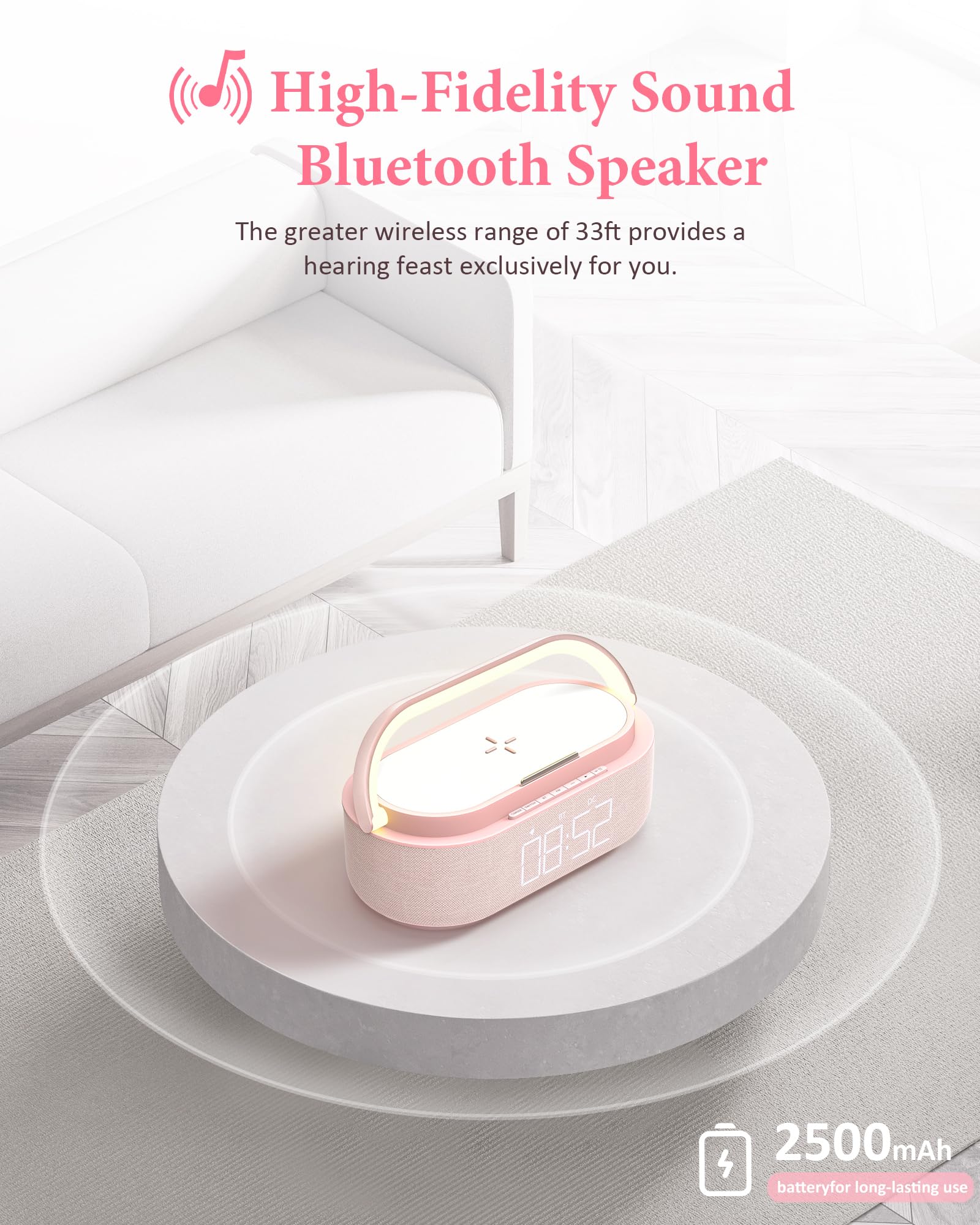 COLSUR Radio Alarm Clock Bluetooth Speaker, 15W Wireless Charger Alarm Clocks Bedside, Night Light, Loud Volume for Heavy Sleepers, Snooze, Dimmable LED Display, 2500mAh Battery