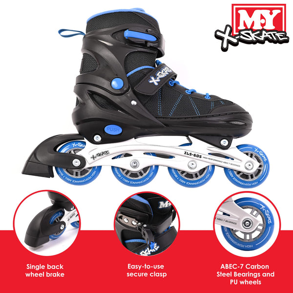 M.Y X-Skate Adjustable Blue Inline Roller Skates with Built In Adjusters Kids Roller Boots for Boys & Girls - Small