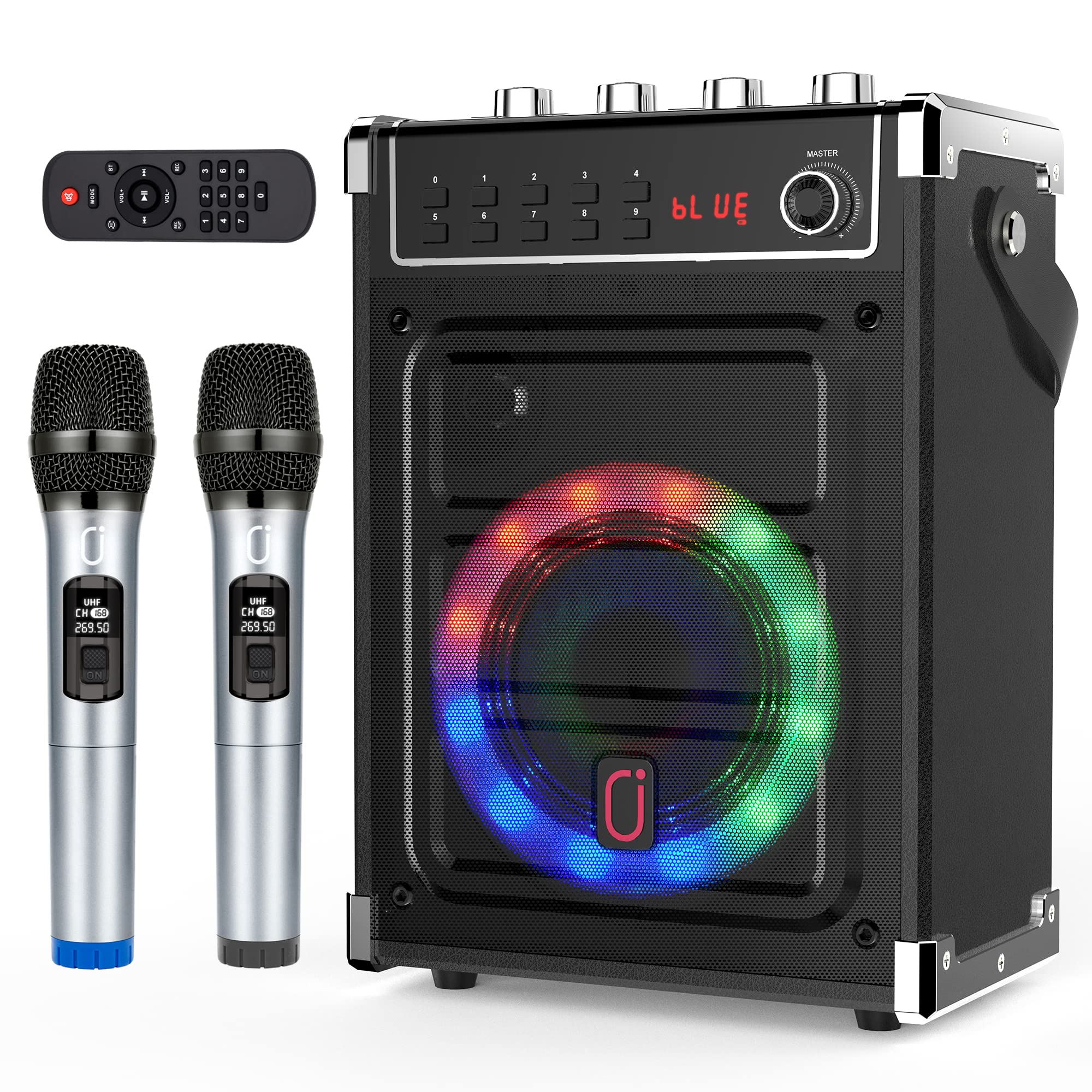 JYX Karaoke Machine with 2 UHF Wireless Microphones, Bass/Treble Bluetooth Speaker with LED Light, Support TWS, AUX In, FM, REC, Supply for Party/Adults/Kids