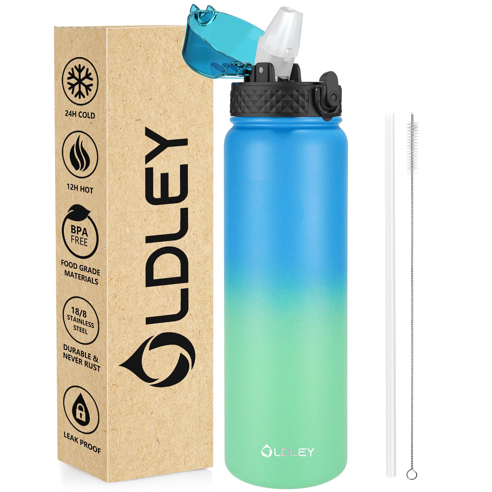 OLDLEY Stainless Steel Water Bottle with Straw 1L Vaccum Insulated Large Drink Flask Metal Water Bottles 1 Litre Leakproof Keep Drinks Hot Cold for Sports Gym with Different Lids(Purple Green, 3 Lids)