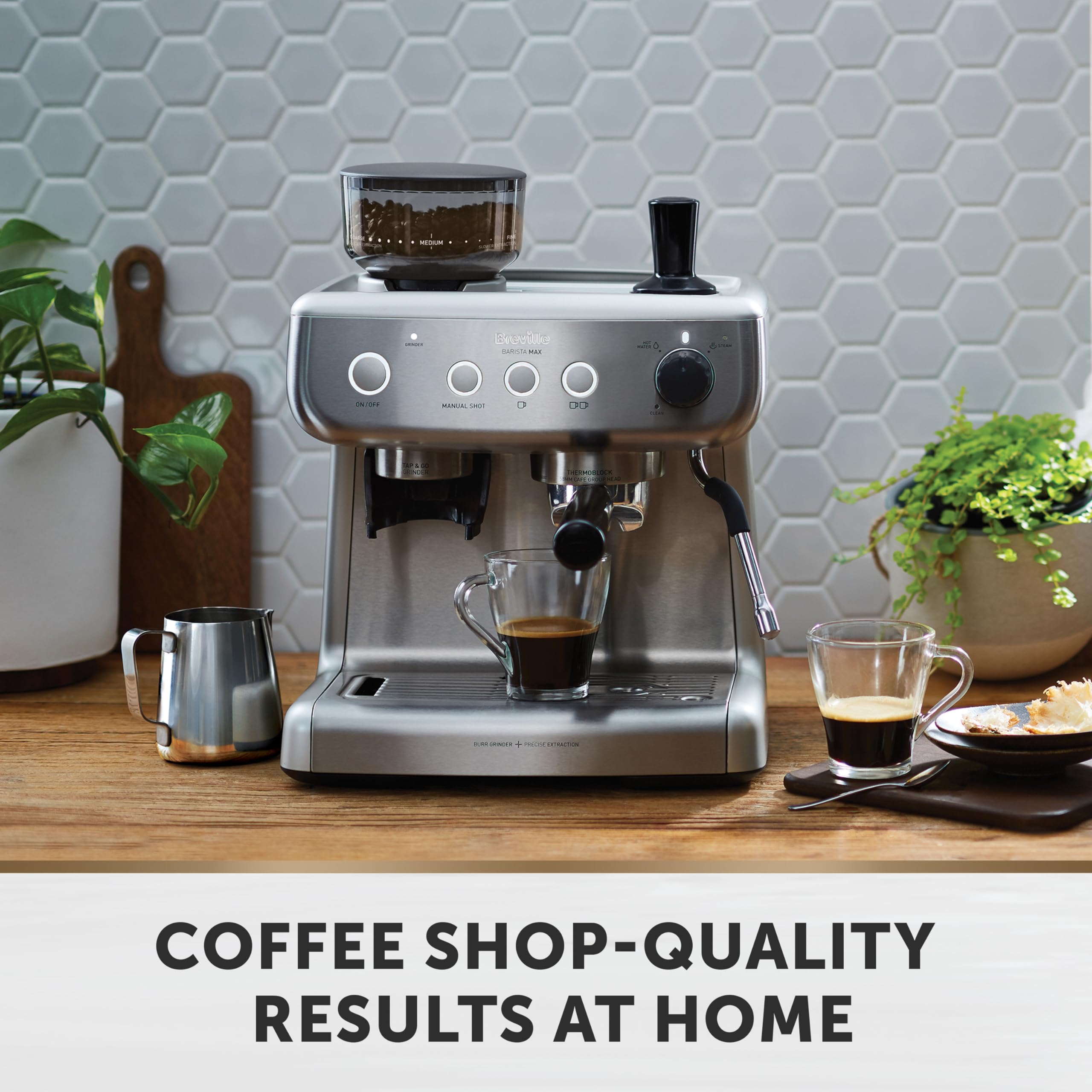 Breville Barista Max Espresso Machine | Latte & Cappuccino Coffee Maker with Integrated Bean Grinder & Steam Wand | 2.8 L Water Tank | 15 Bar Italian Pump | Stainless Steel