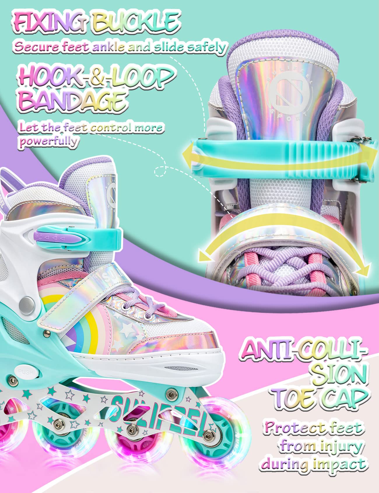 SULIFEEL Rainbow Unicorn Adjustable Light up Inline Skates for Kids Girls and Boys Beginner Skates with Illuminating Wheels,Medium?