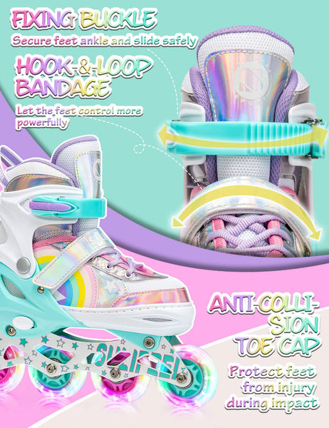 SULIFEEL Rainbow Unicorn Adjustable Light up Inline Skates for Kids Girls and Boys Beginner Skates with Illuminating Wheels,Medium?