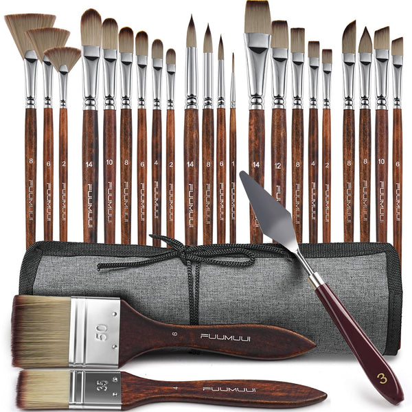 Professional Synthetic Acrylic Paint Brushes-25PCS Multi-Shaped for Artists-Flat, Filbert, Fan, Cat Tongue, Round, Angle, Rigger