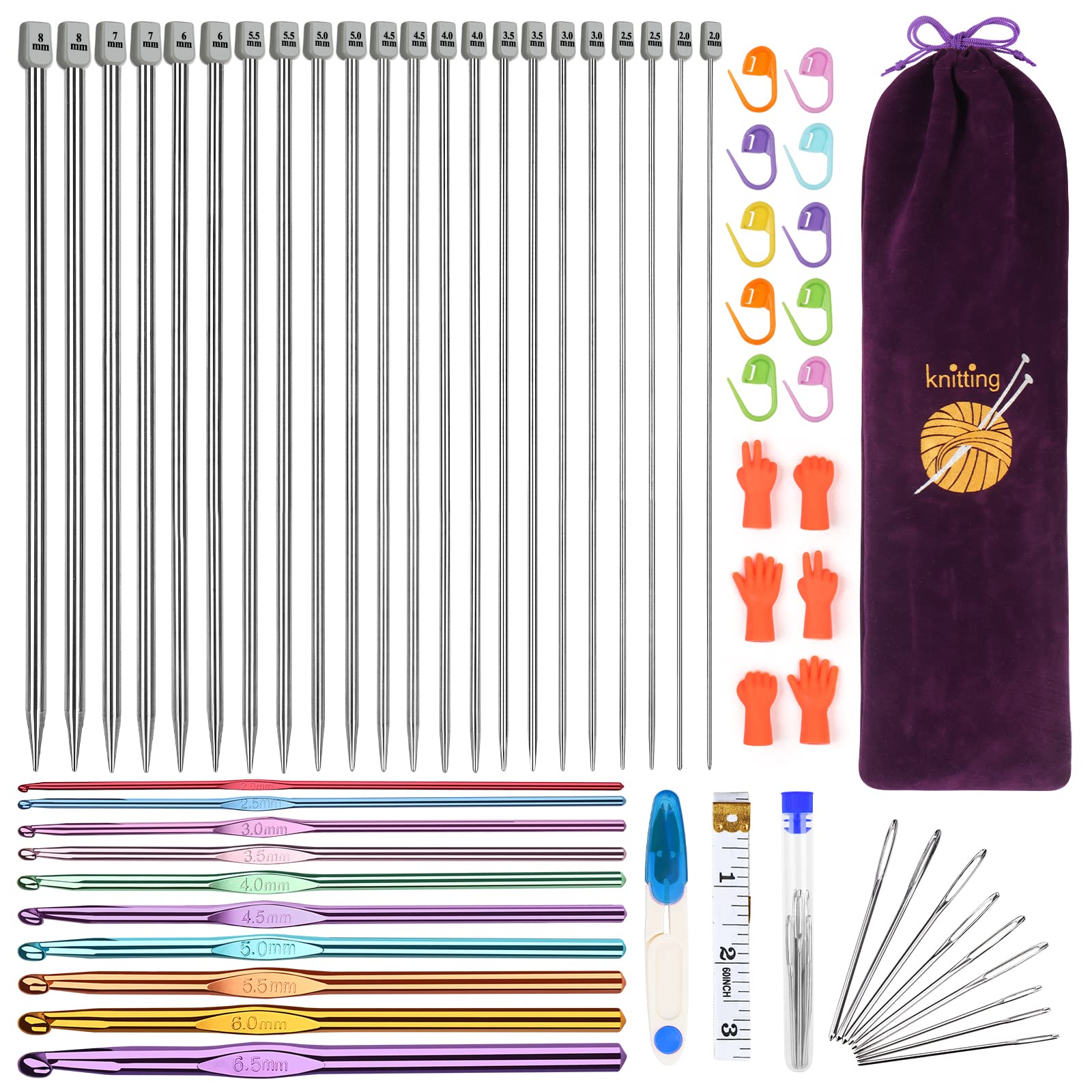 Aeelike Professional Knitting Needles Set, Knitting Starter Kit for Adults, Includes 35cm Long Metal Knitting Needles, Aluminium Crochet Hooks,
