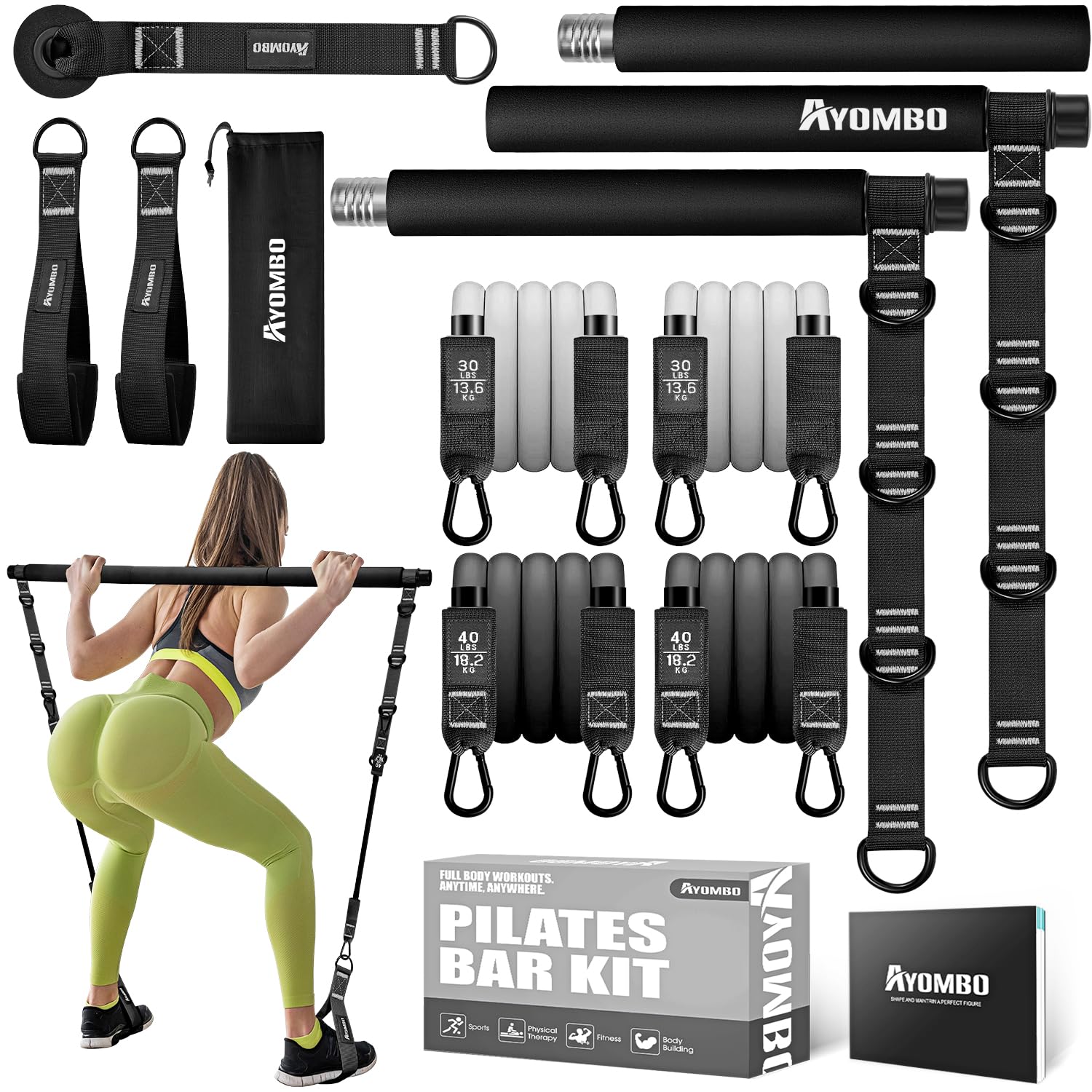 Pilates Bar, Pilates Bar Kit with Resistance Bands, Adjustable Multifunctional Pilates Workout Equipment for Men & Women, Portable Home Gym Pilates
