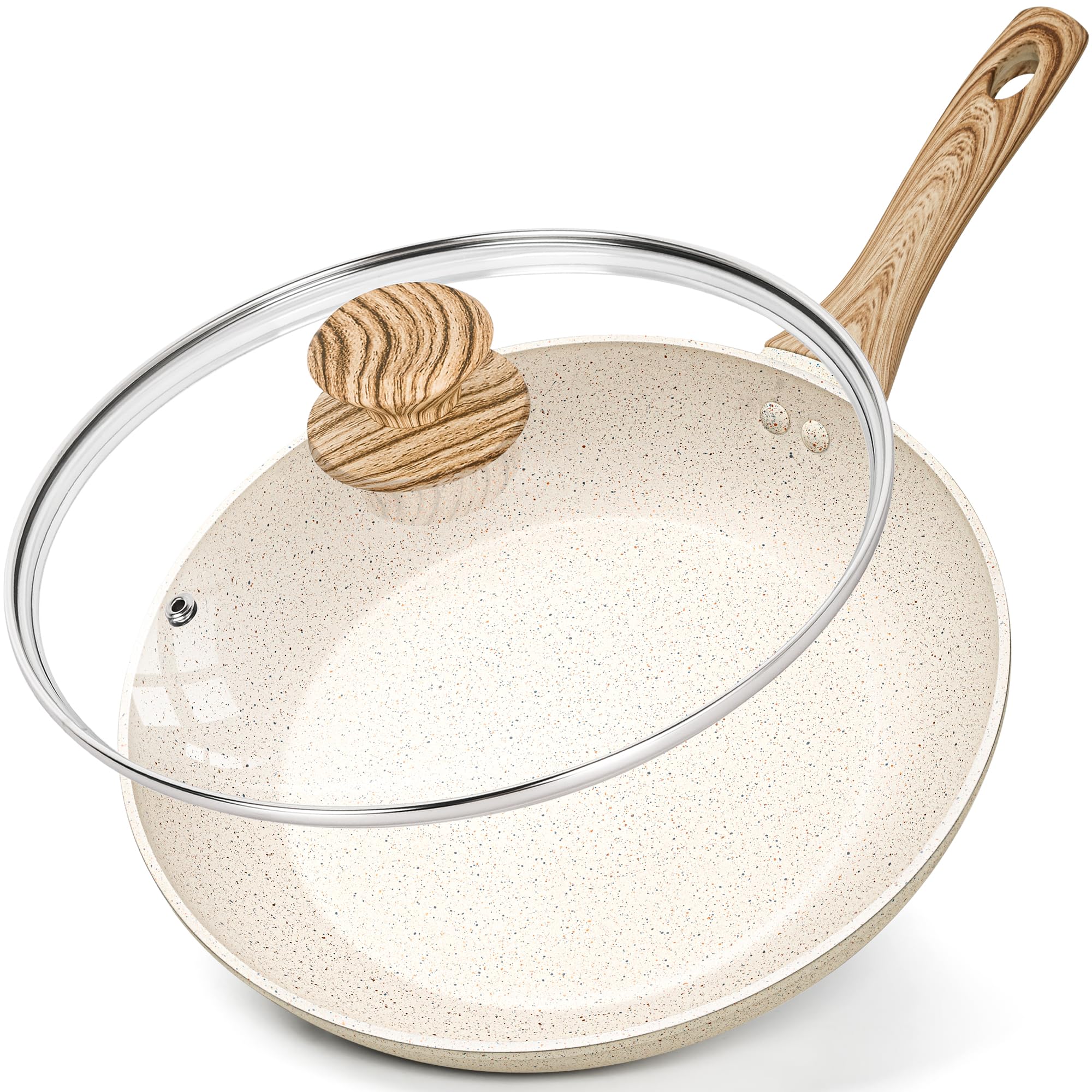 MICHELANGELO Frying Pan with Lid 30cm, Nonstick Fry Pan with Lid, Nonstick White Granite Frying Pan with Bakelite Handle, Healthy & Non-Toxic Fry Pan,