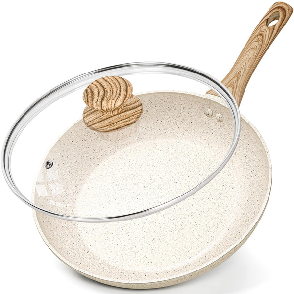 MICHELANGELO Frying Pan with Lid 30cm, Nonstick Fry Pan with Lid, Nonstick White Granite Frying Pan with Bakelite Handle, Healthy & Non-Toxic Fry Pan,