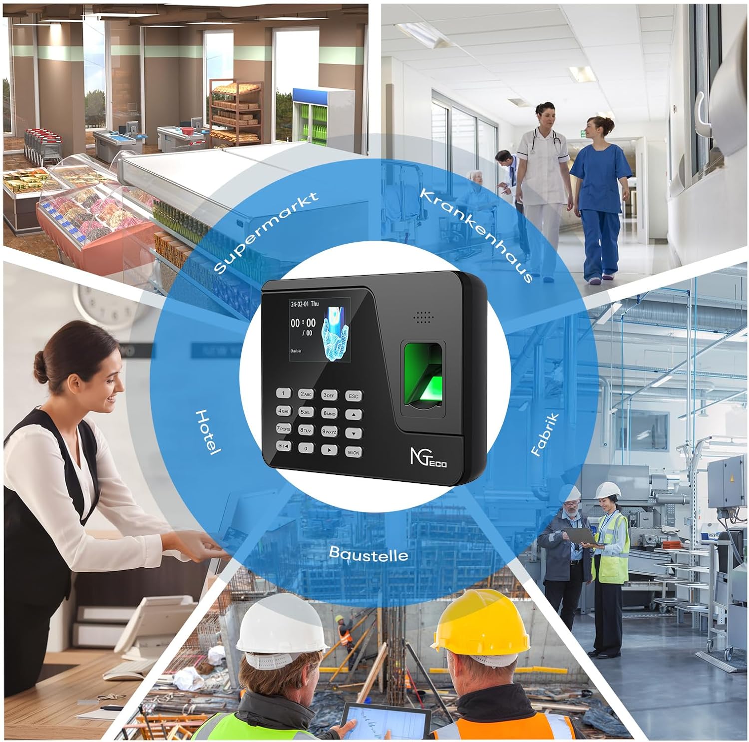 NGTeco Clock in Machine for Employees, No Internet/Software Needed, Fixed Shifts Suppor, 1000 Fingerprint Capacity, Biometric & Password Attendance, Automatic Work Hour Calculation