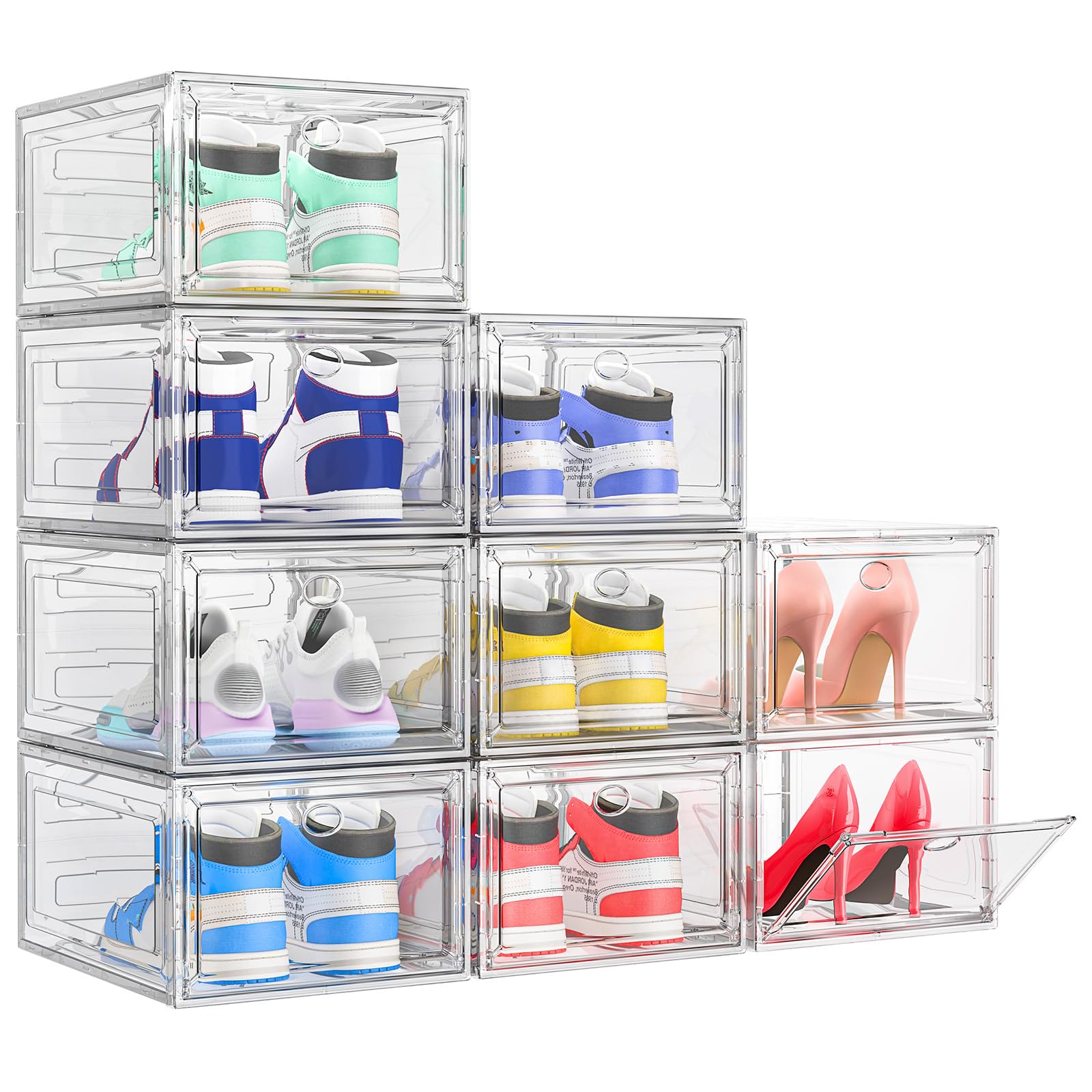 TidyTrove Shoe Storage Box, 9 Pcs Shoe Box Clear Plastic Stackable, Sturdy Foldable Shoe Organizer Containers with Magnetic Door for Women/Men, White