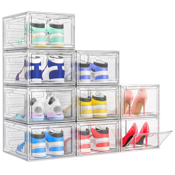 TidyTrove Shoe Storage Box, 9 Pcs Shoe Box Clear Plastic Stackable, Sturdy Foldable Shoe Organizer Containers with Magnetic Door for Women/Men, White