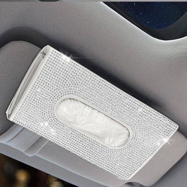 Spldsun Luxurious Decorative Crystal Faux Leather Tissue Box for Sun Visor, White, Rectangular
