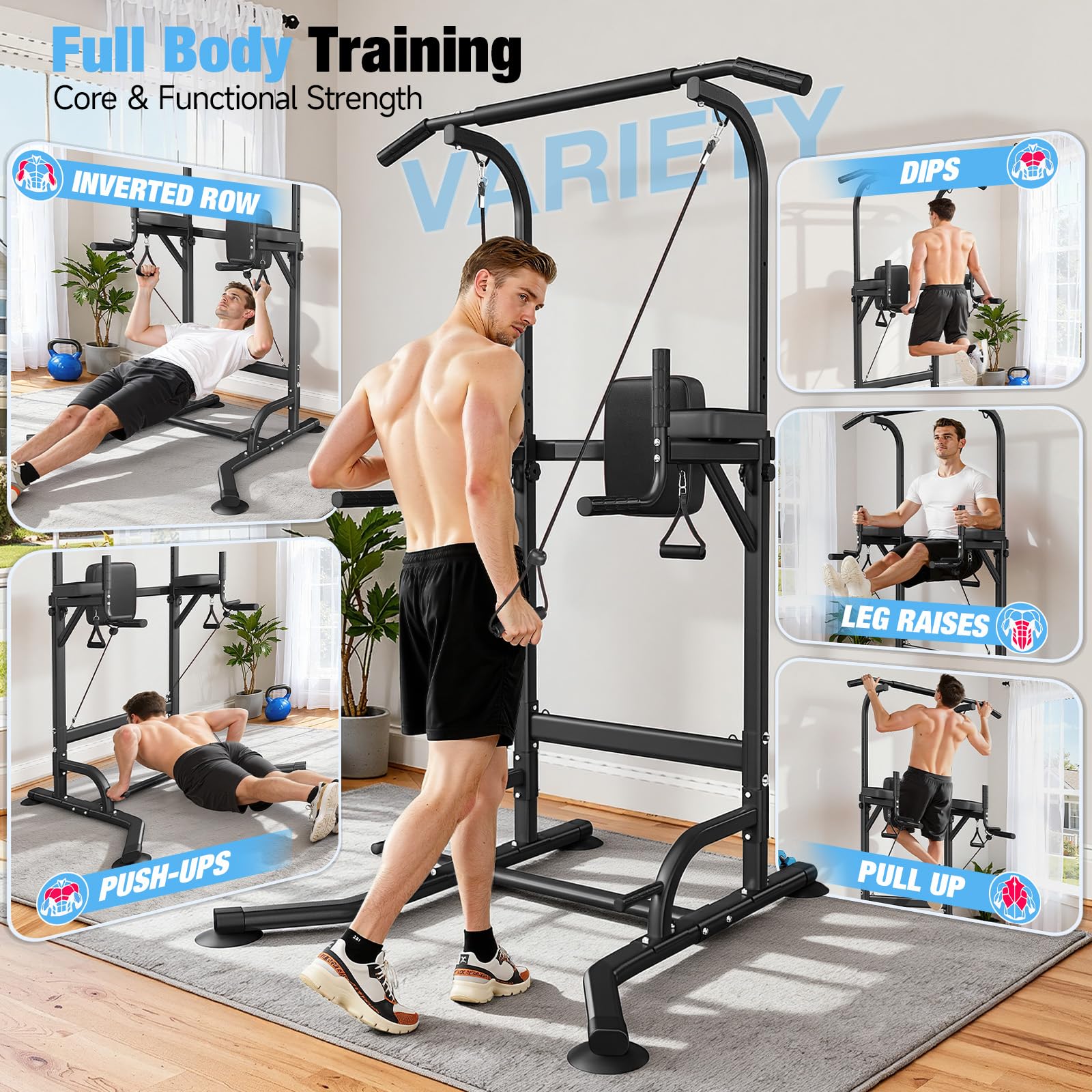 Dskeuzeew Power Tower Dip Station Pull Up Bar, Adjustable Height Multi-Function Power Tower, Push Up Workout Abdominal Exercise for Home Gym Strength Training Fitness Workout Equipment