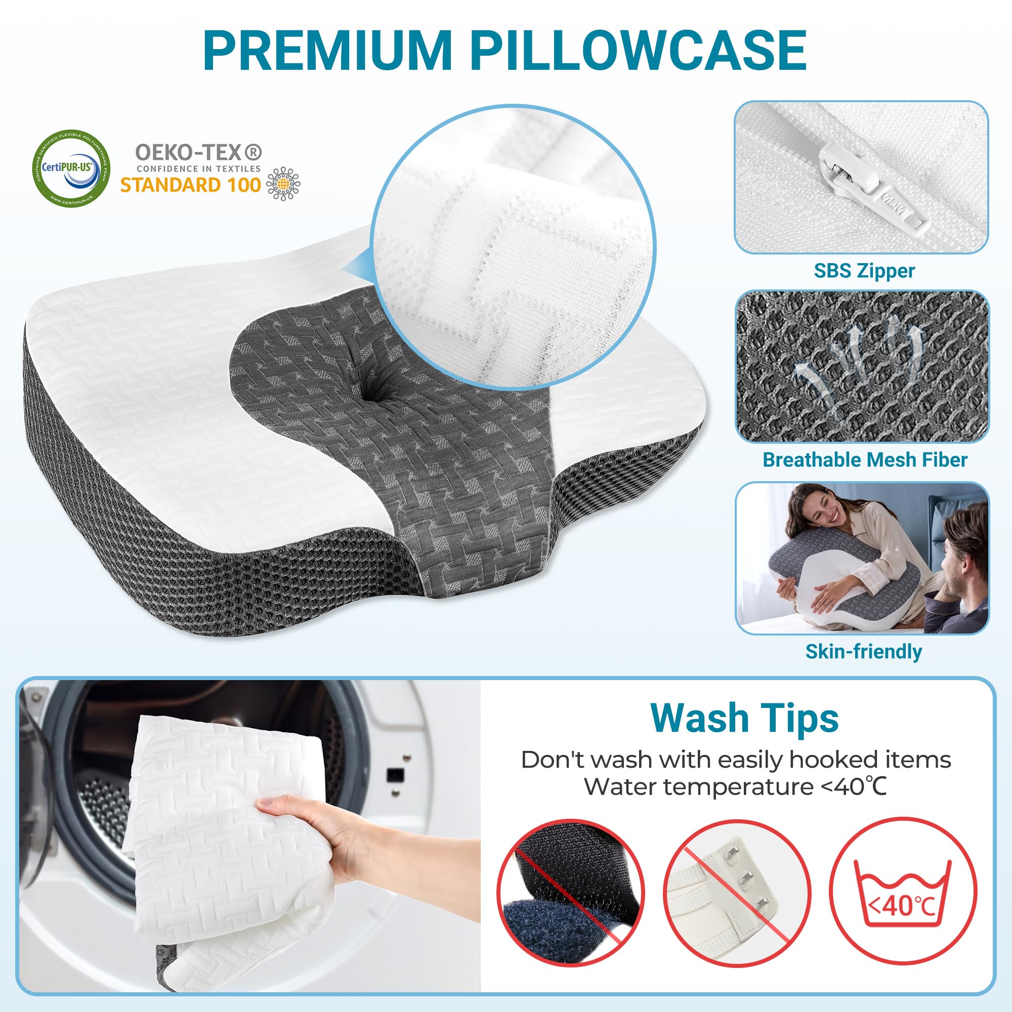 Elviros Cervical Memory Foam Neck Pillow for Side Sleeping, Orthopedic Pillows for Back and Stomach Sleepers, Adjustable Ergonomic Bed Pillow Pain Relief (White)