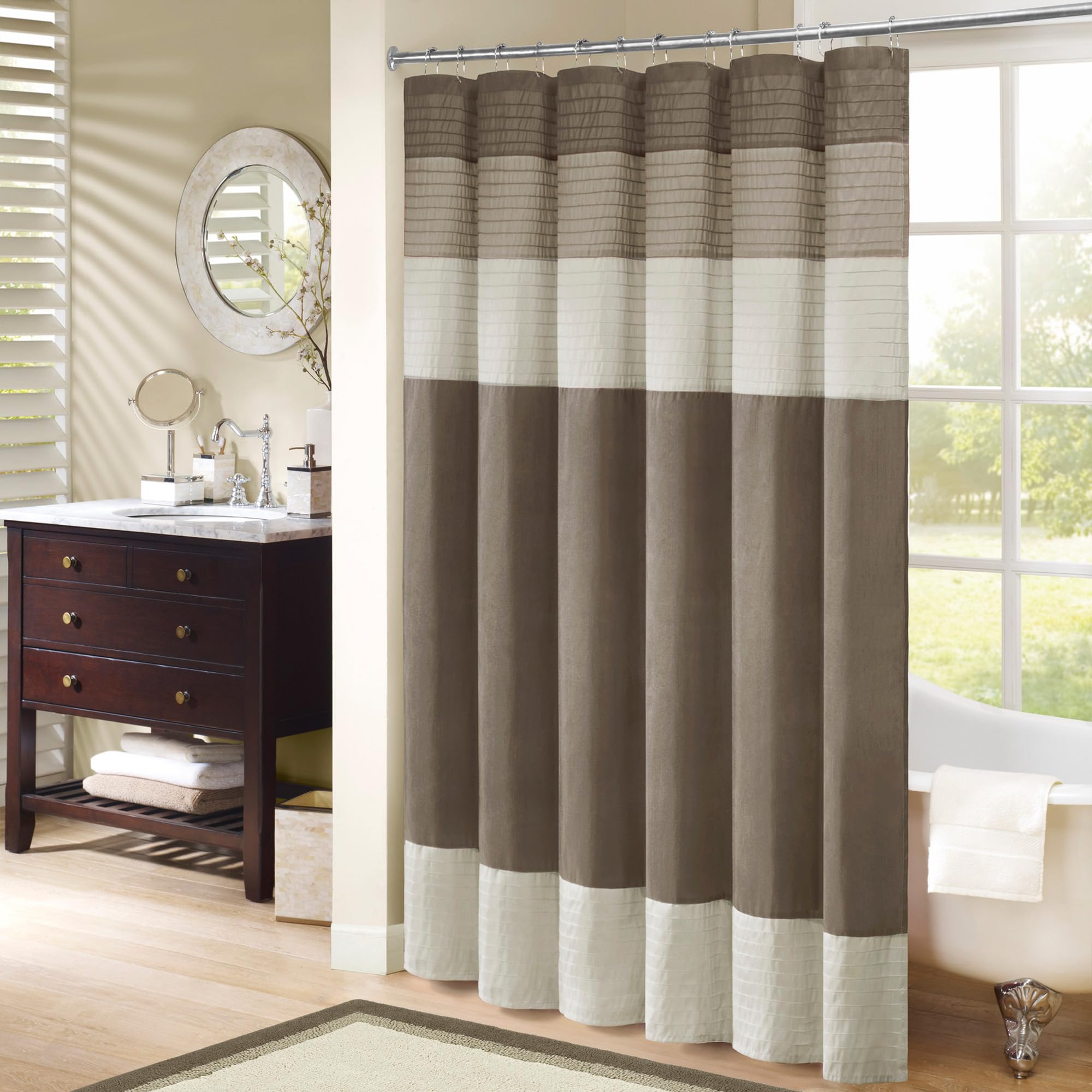 Madison Park Bathroom Shower Faux Silk Pieced Striped Modern Microfiber Bath Curtains, Polyester, Natural, 72" W x 72" L (Pack of 1)