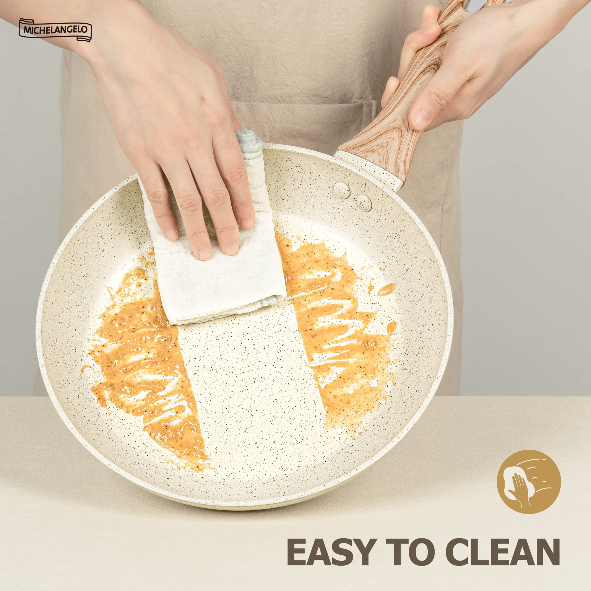 MICHELANGELO Frying Pan with Lid 30cm, Nonstick Fry Pan with Lid, Nonstick White Granite Frying Pan with Bakelite Handle, Healthy & Non-Toxic Fry Pan,