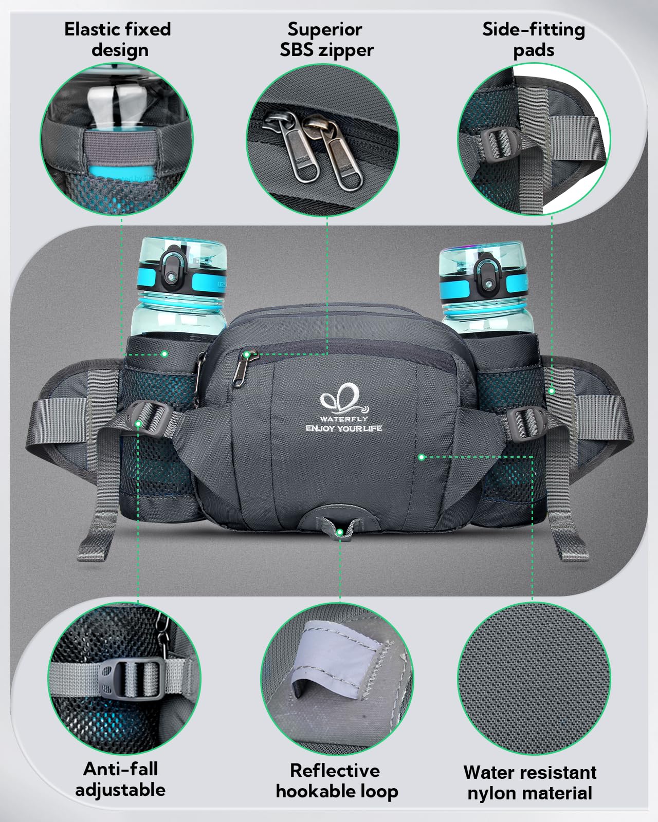 Waterfly Hiking Waist Pack Bum Bag Waist Bag with Bottle Holder Running Bag for Camping Climbing Travel Cycling and Dog Walking