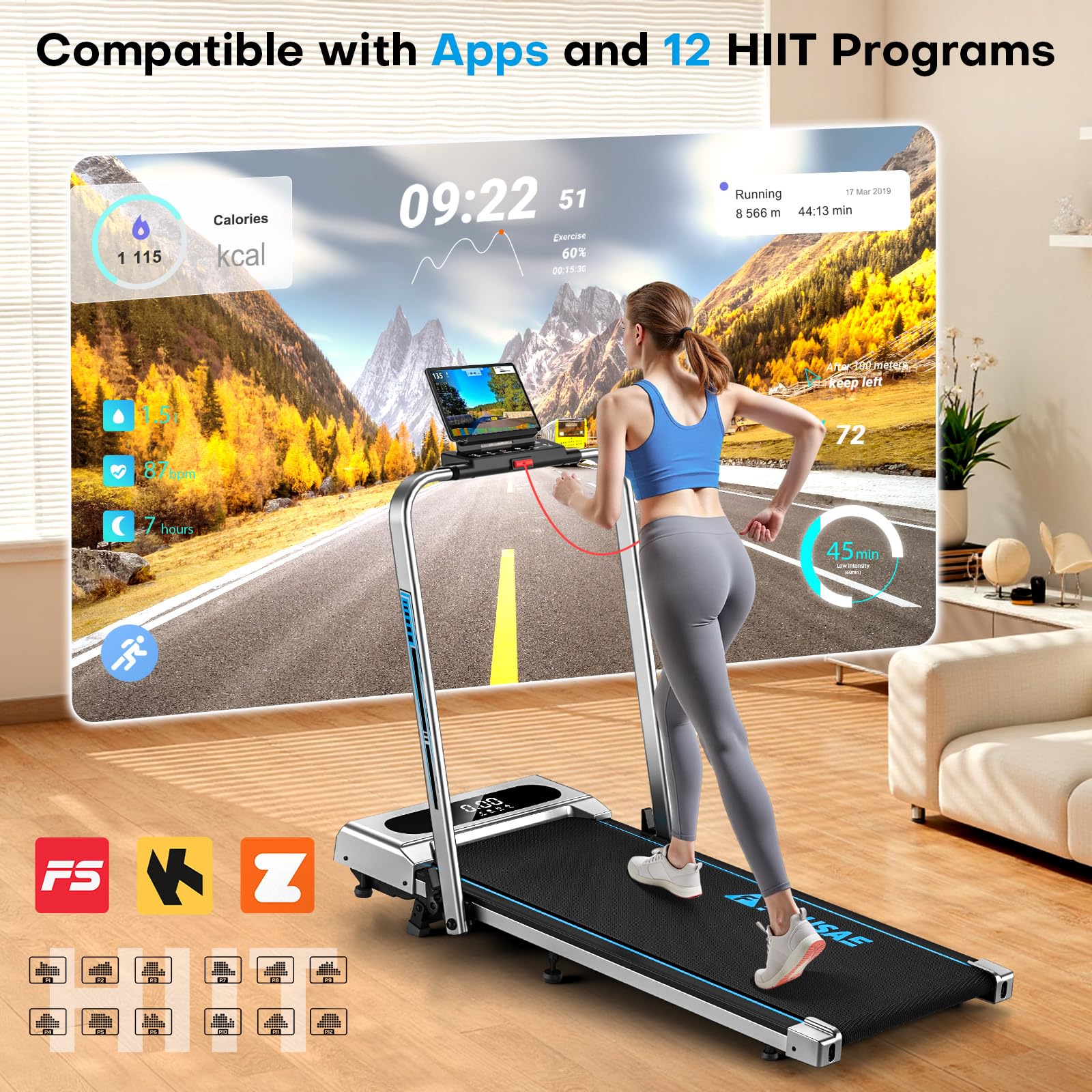Treadmill, FOUSAE 5 in 1 Treadmills for Home Foldable with App Compatible, 12KM/H Under Desk Walking Pad with 9% Incline, 350 LB Weight Capacity, Magnetic Remote Control