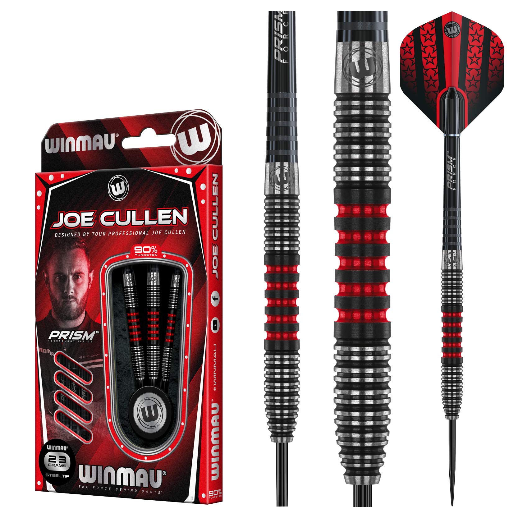 WINMAU Joe Cullen 23 Gram Tungsten Darts with Prism Flights and Shafts (Stems)