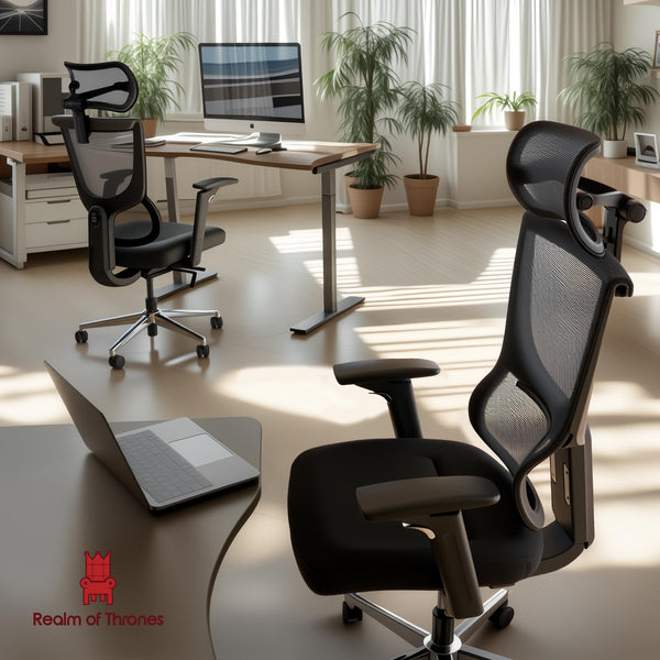 Realm of Thrones CAPTAIN Ergonomic Office Chair for Home, Heavy Duty Steel Base, Versatile Flip-up Armrests, Adjustable Lumbar Support, Mesh Back Comfort Cushion Seat for Computer Desk/Gaming (Black)