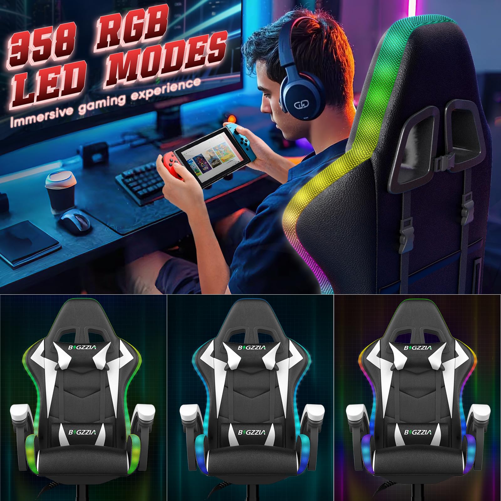 bigzzia RGB Gaming Chair with LED Lights and Ergonomic Computer Chair Reclining PU Leather High Back Video Game Chair with Headrest Adjustable Lumbar Support Linkage Armrest for Adults (Black/Grey)