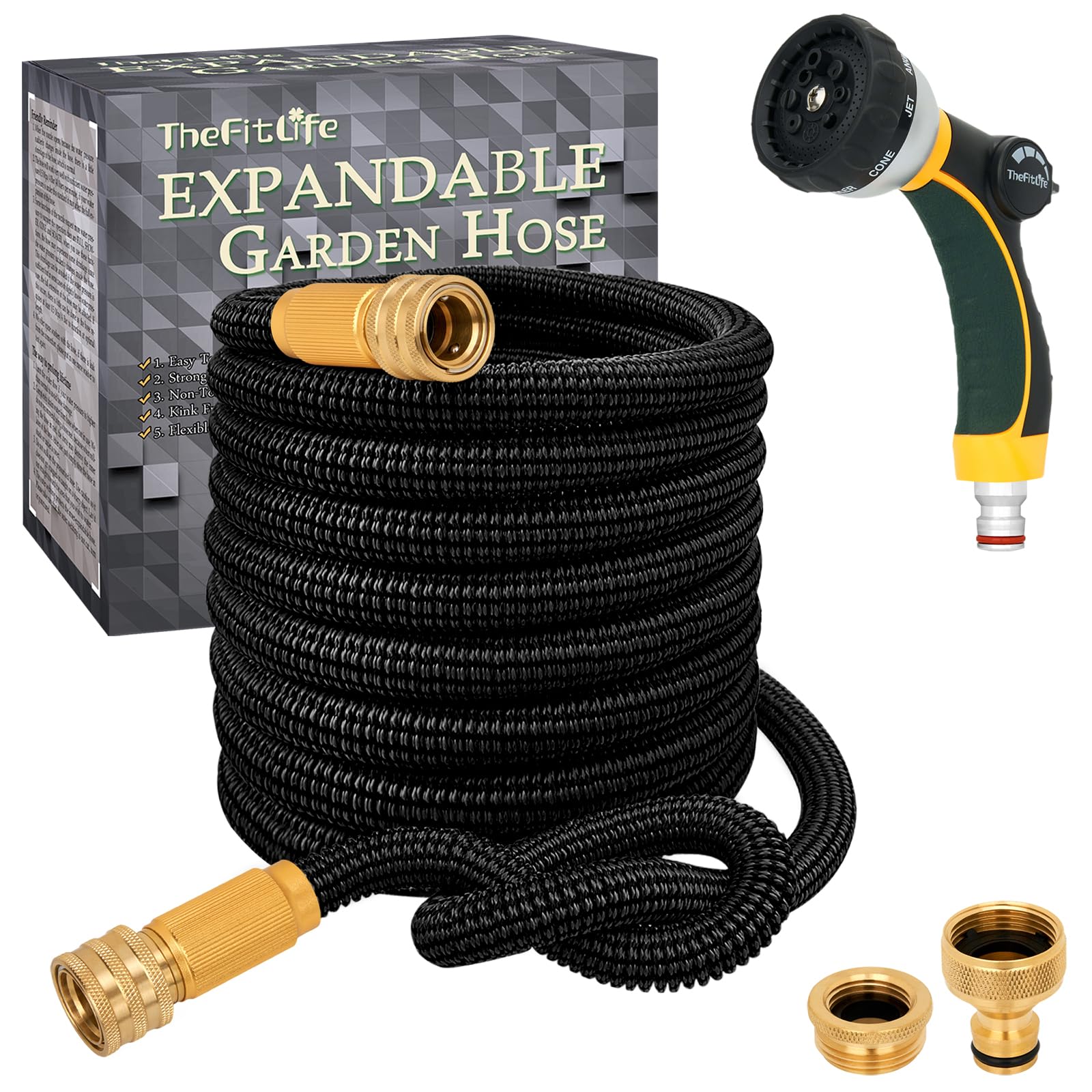 TheFitLife Expandable Garden Hose Pipe - Triple Core Latex and Solid Metal Fittings 8 Pattern Spray Nozzle EU Standard Expanding Kink Free Easy