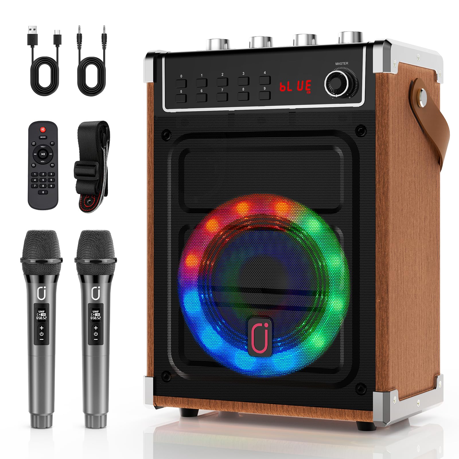 JYX Karaoke Machine with 2 UHF Wireless Microphones, Bass/Treble Bluetooth Speaker with LED Light, Support TWS, AUX In, FM, REC, Supply for Party/Adults/Kids