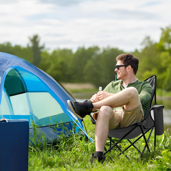 Voyager Folding Camping Chairs 2 Pack with Cooler Bag, Lightweight Q195 Steel Frame, 600D Oxford Fabric, Portable & Comfortable - Black (Black, Padded)