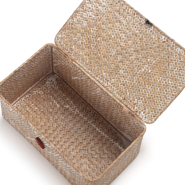 Seagrass Storage Baskets with Lid Natural Rattan Woven Rectangular Organizer Box Set of 3 (Whitewash Large+Medium+Small)