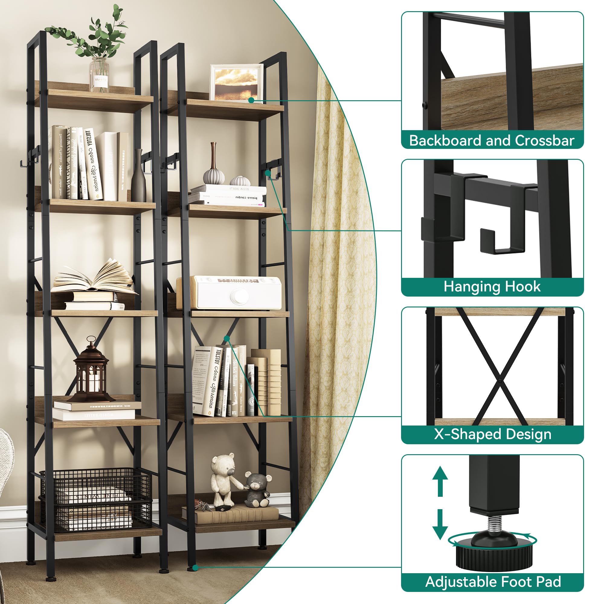 YITAHOME Bookcase 5 Tiers, Industrial Ladder Shelf Floorstanding Book Shelf Wooden Shelves and Metal Frame Book Rack Modern Shelving Unit for Living