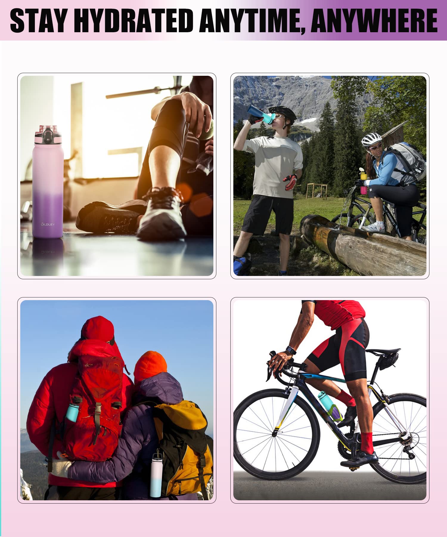 OLDLEY Stainless Steel Water Bottle with Straw 1L Vaccum Insulated Large Drink Flask Metal Water Bottles 1 Litre Leakproof Keep Drinks Hot Cold for Sports Gym with Different Lids(Purple Green, 3 Lids)