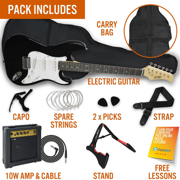 3rd Avenue XF Full Size 4/4 Electric Guitar Ultimate Kit with 10W Amp, Cable, Stand, Gig Bag, Strap, Spare Strings, Picks, Capo – Black