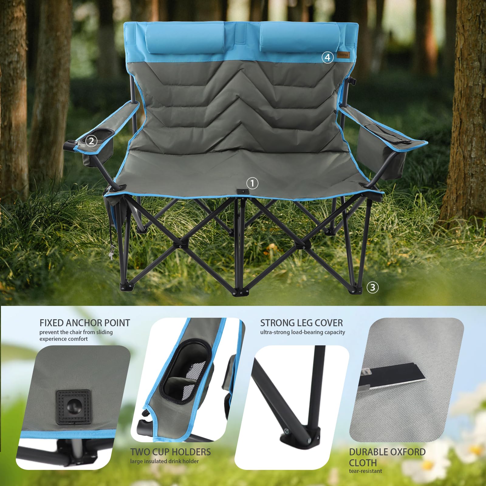 Outdoor Folding Camping Chair -Oversize Camping Chairs for Adults,Support 400lbs with Pillows & Cup Holders & Cooler Bags- Heavy Duty Collapsible Chairs for Sports Garden Beach Fishing(Grey Blue)