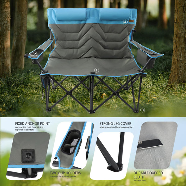 Outdoor Folding Camping Chair -Oversize Camping Chairs for Adults,Support 400lbs with Pillows & Cup Holders & Cooler Bags- Heavy Duty Collapsible Chairs for Sports Garden Beach Fishing(Grey Blue)